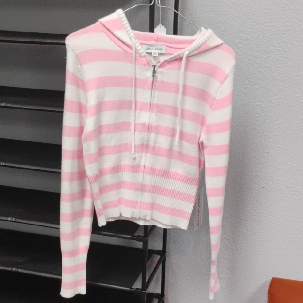 Pink and White Striped Zip-Up Hoodie